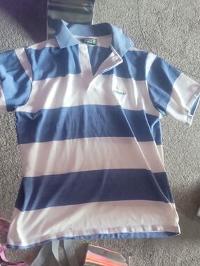 EXCHANGE Navy and White Striped Polo Shirt Jaguar Emblem
